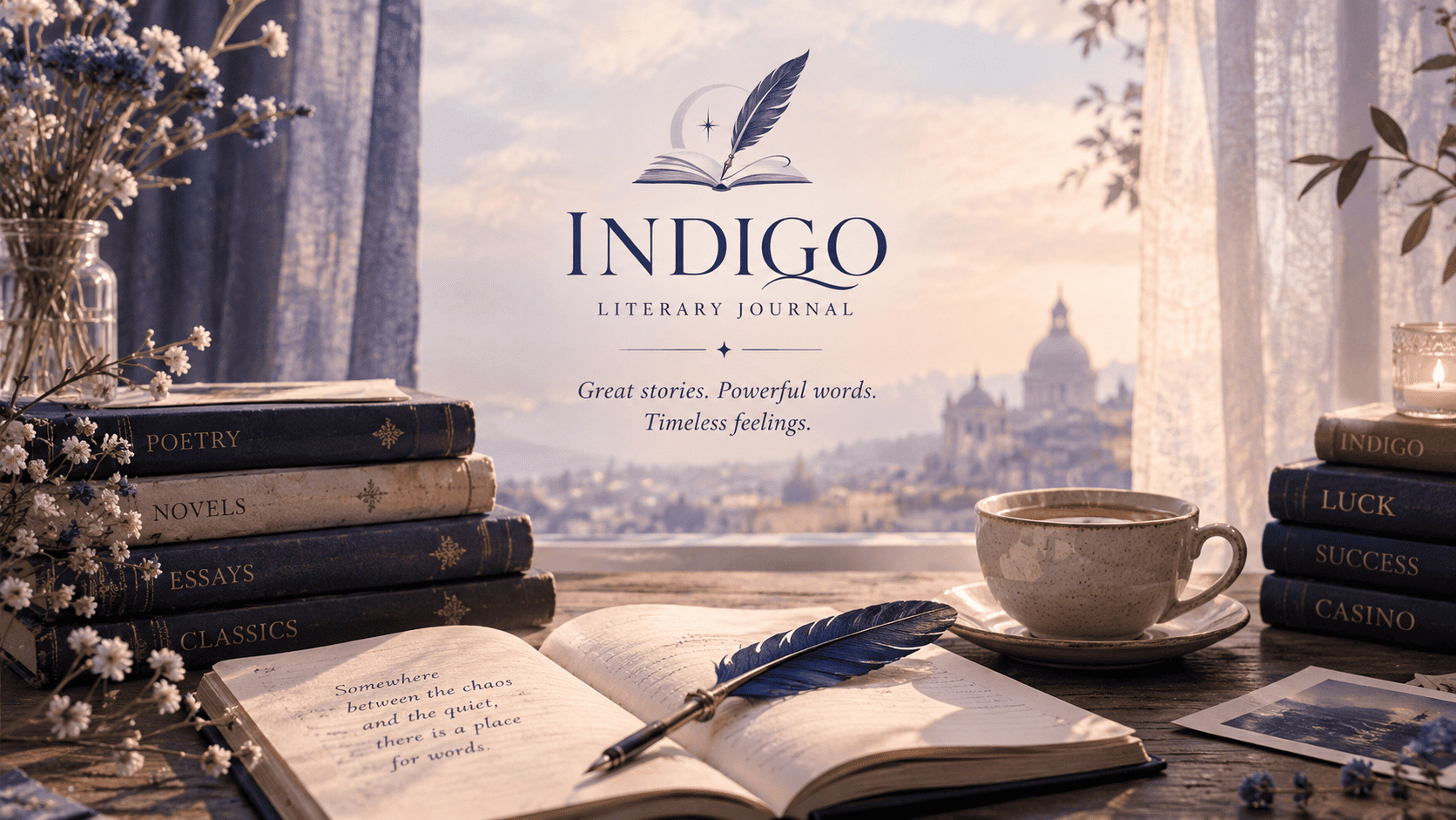 A quiet indigo-toned literary still life